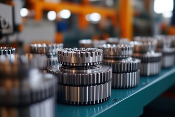 Innovative mechanical engineering concept close-up industrial workshop equipment focus manufacturing environment top-down view