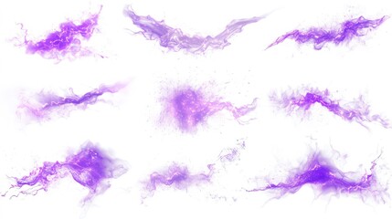 Fototapeta premium Purple Lightning bolt strike set. Isolated white background. Zeus, God, Jupiter, Thor, mythology concepts. Shock and energy glow. Fractal light burst flair. Fantasy glowing white PNG