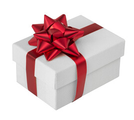 White gift box with red decorative bow