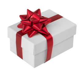 White gift box with red decorative bow