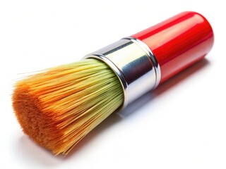 Fototapeta premium Macro detail reveals a pristine round paintbrush against a stark white backdrop, showcasing artistic tools in sharp focus.