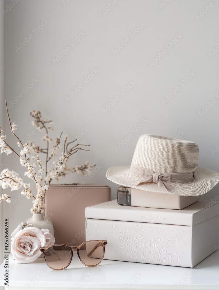 Leinwandbilder Stylish accessories arranged on minimalist shelf with decorative elements and room for text. Generative AI