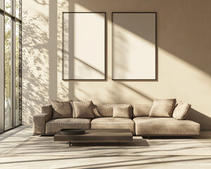 A photo of an empty living room with two blank poster frames on the wall, featuring a modern interior design style. A sofa and coffee table are positioned in front of the frames, with a beige 