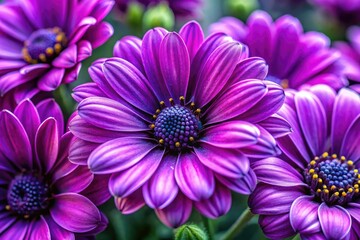 Fototapeta premium Macro photography reveals vibrant violet blossoms, showcasing stunning depth of field and intricate details.