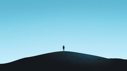Obraz premium Minimalist Illustration: Person on Black Hill with Blue Sky Background