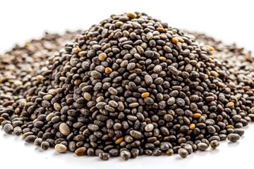 Magnified chia seeds, healthy superfood, sharply detailed product photography against a pure white backdrop.
