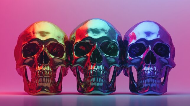 A set of three unique colorful skulls with a futuristic design. Perfect for creative abstract decorations.