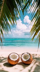 Tropical Coconut Paradise: Stunning Beach Scene with Fresh Coconuts