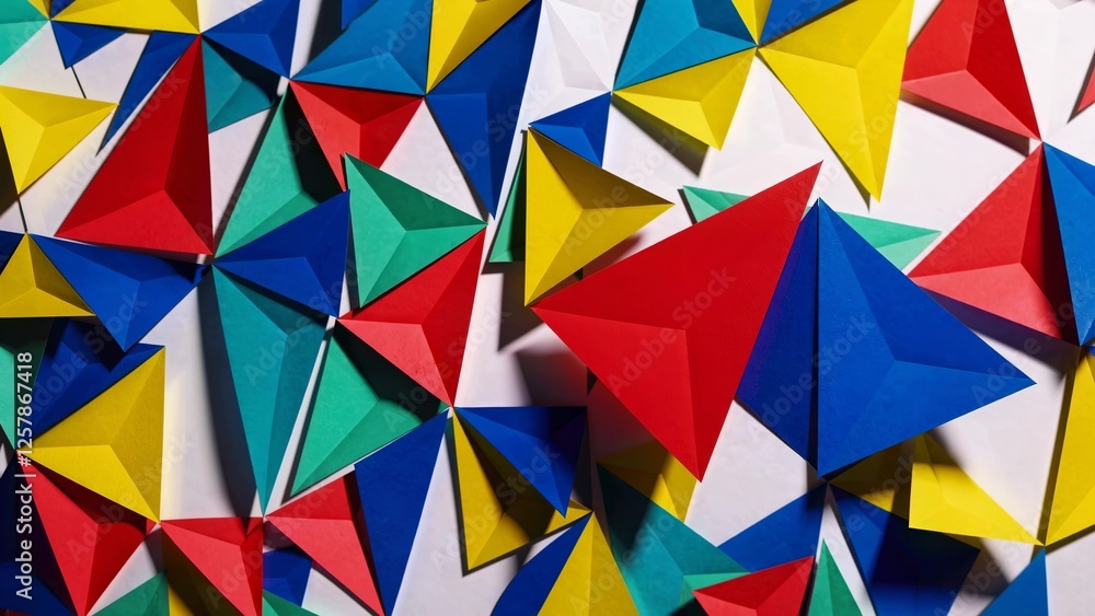Poster colorful origami triangles forming a vibrant and dynamic abstract pattern, highlighting creativity a