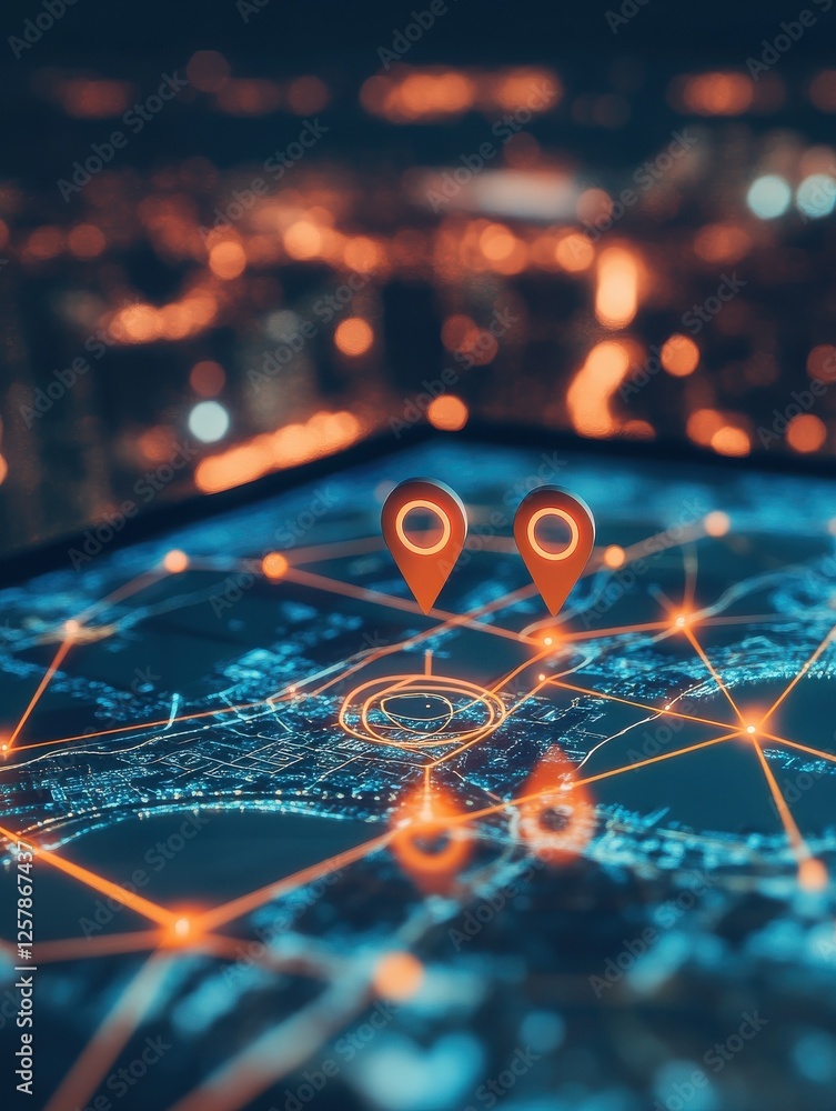 Poster technology and global connection concept. close up of digital map with location pins and laptop on b