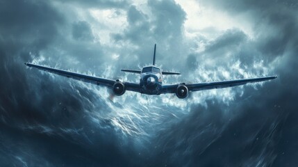 A blue airplane is flying through a stormy sky