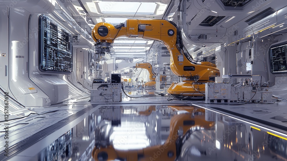 Poster futuristic factory, a glimpse into advanced robotic automation
