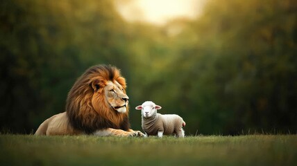 Naklejka premium A majestic lion and a small sheep share a serene moment in a lush green setting, symbolizing an unlikely friendship.