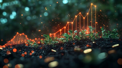 A graph depicting an upward trend glowing graph bar with coins