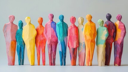 Colorful wooden figures stand together against a neutral backdrop, symbolizing unity and diversity. Ideal for HR, team building, and community outreach themes.