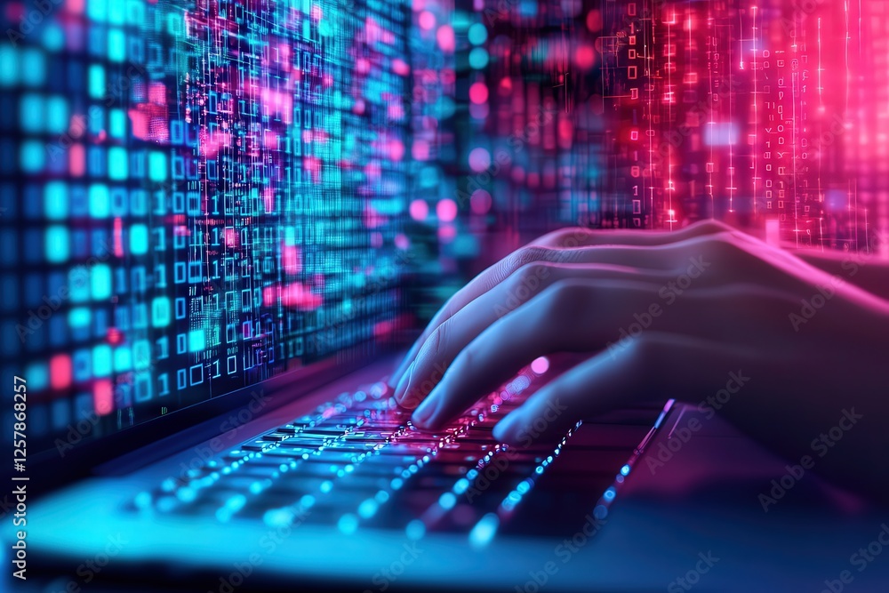 Aufkleber hands typing on keyboard with medical research software digital workspace technology environment foc