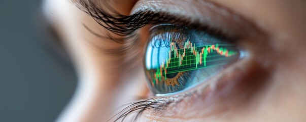 A close-up of an eye reflecting stock market graphs, symbolizing vision, insight, and financial analysis.