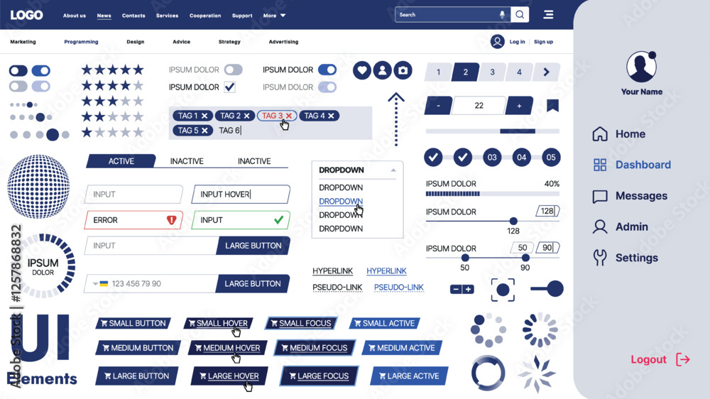 Poster a modern ui kit featuring a collection of buttons, icons, navigation menus, and responsive design el