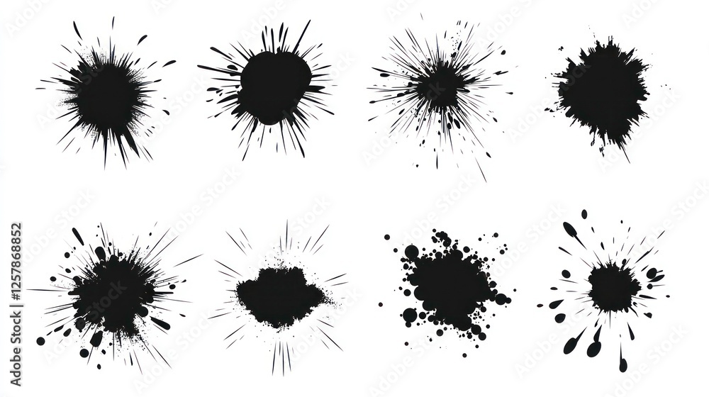 Poster radial explosion silhouette. exploding bursts, round explosions cloud and exploded bomb effect black