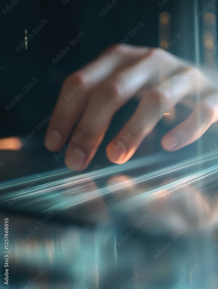 Poster close up of male hands using laptop at desktop with abstract digital cloud on blurry background. clo