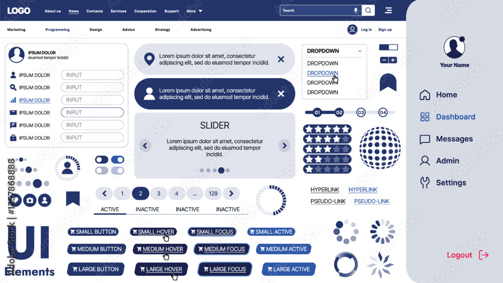 Poster a modern ui kit featuring a collection of buttons, icons, navigation menus, and responsive design el