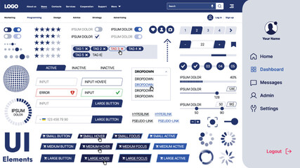 A modern UI kit featuring a collection of buttons, icons, navigation menus, and responsive design elements. Includes login forms, media players, search bars, and calendars, ideal for apps, websites