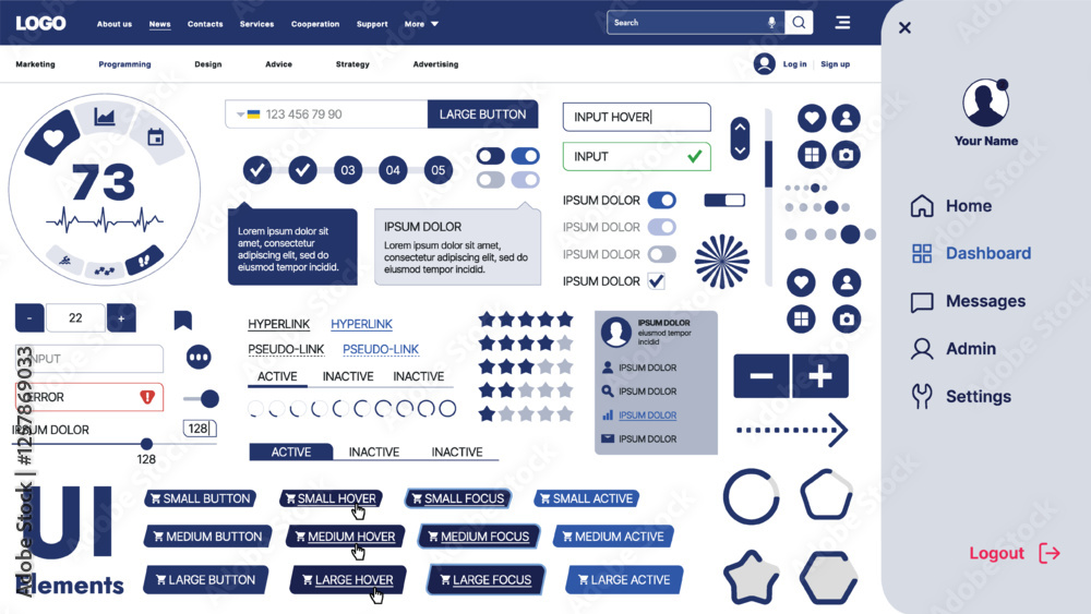 Poster a modern ui kit featuring a collection of buttons, icons, navigation menus, and responsive design el