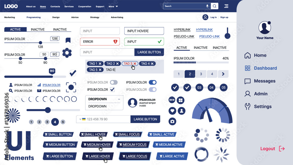Poster a modern ui kit featuring a collection of buttons, icons, navigation menus, and responsive design el