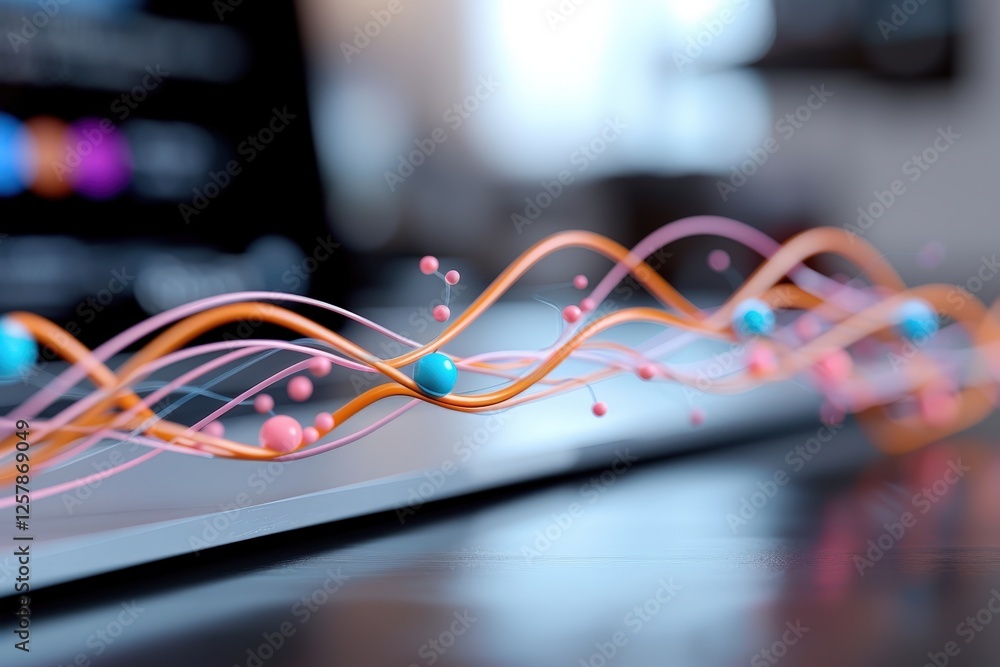 Poster colorful abstract wave design with nodes and particles on a grey surface, digital art representation