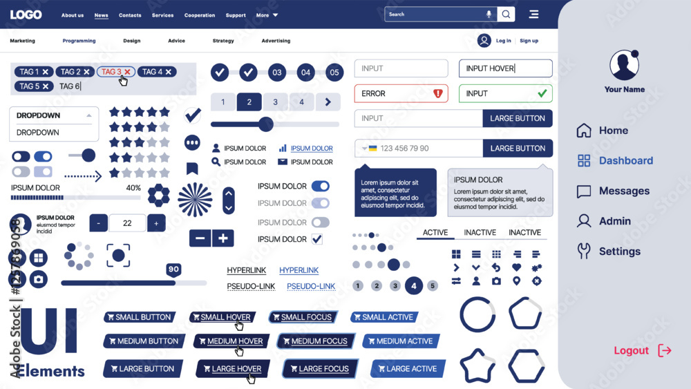 Poster a modern ui kit featuring a collection of buttons, icons, navigation menus, and responsive design el