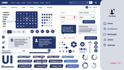 A modern UI kit featuring a collection of buttons, icons, navigation menus, and responsive design elements. Includes login forms, media players, search bars, and calendars, ideal for apps, websites