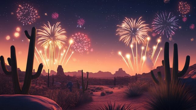 Desert with celebration fireworks illustration