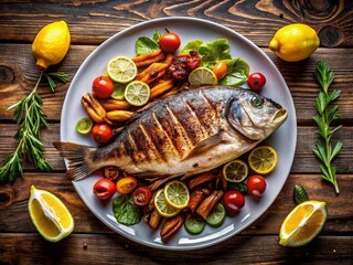 Balkan Grilled Sea Bream with Vegetables - Delicious Night Food Photography