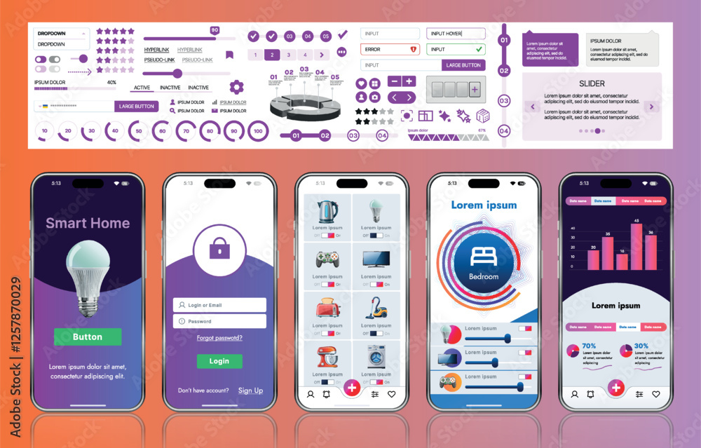 Poster a sleek smart home application interface template featuring modern icons and a gradient design. incl