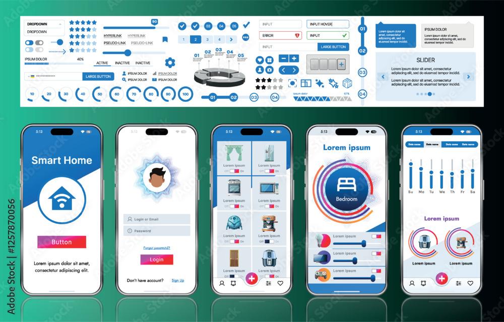 Poster a sleek smart home application interface template featuring modern icons and a gradient design. incl