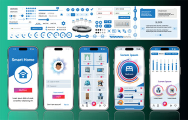 A sleek smart home application interface template featuring modern icons and a gradient design. Includes navigation menus for managing devices, monitoring security, controlling temperature