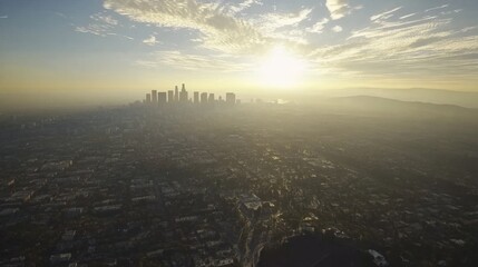 Fototapeta premium Aerial view of Los Angeles, capturing the vast skyline, famous towers, and urban landscape stretching into the horizon