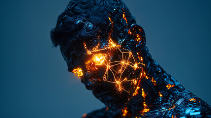 Fractured Human Figure with Glowing Orange Energy Abstract Surreal Tech Fusion