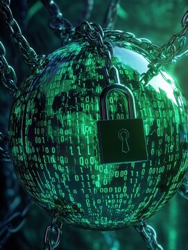 Digital security concept with a globe made of binary code wrapped in chains and a padlock, symbolizing data protection and cyber defense.
