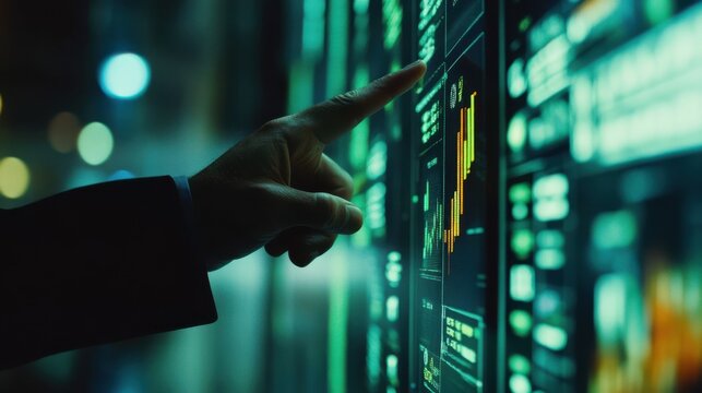 Close up of businessman finger pointing at various forex screens on blurry background. Cryptocurrency, bticoin trading and finance concept. Double exposure