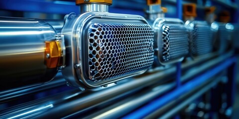 Heat exchanger section of a condenser unit industrial facility close-up perspective mechanical engineering precision design