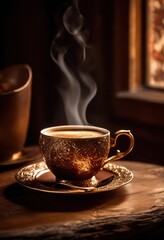 detailed close coffee cup resting textured surface surrounded inviting colors subtle shadows capturing essence warmth comfort, barista, beverage, brown