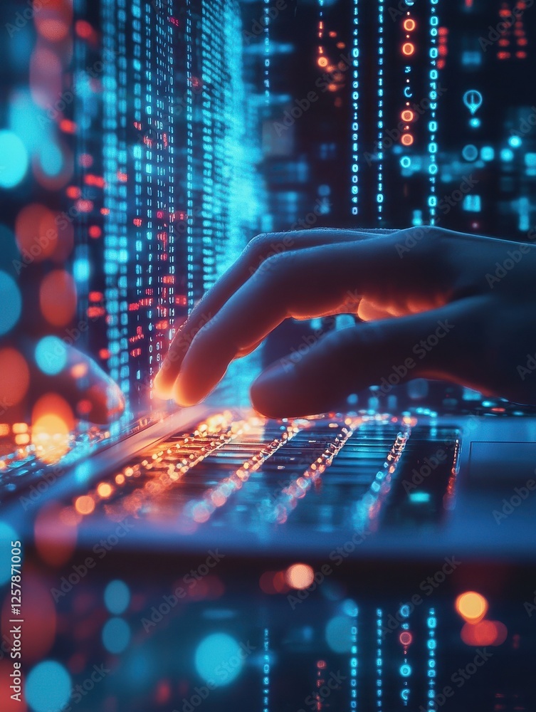 Poster close up of hand using laptop at desktop with abstract glowing blue coding background. binary code, 