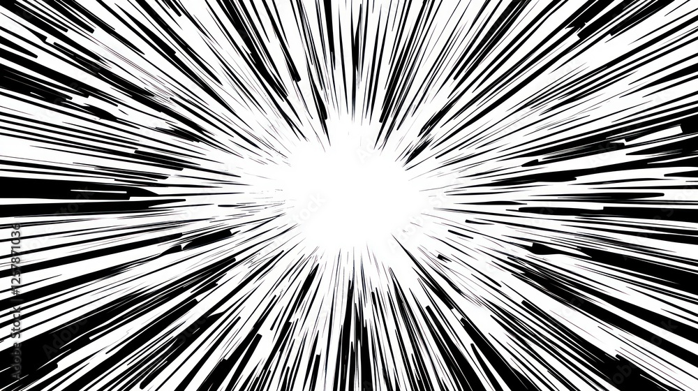 Wall mural abstract black and white radial lines converging to a bright center, creating a dynamic, high-speed 