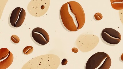 Obraz premium Abstract seamless pattern with coffee beans and organic shapes in warm tones on a beige background. Ideal for modern, artistic designs.