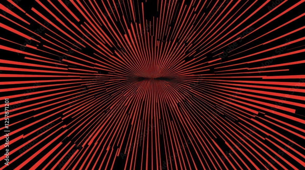 Poster abstract red and black radial lines converging to a central point, creating a dynamic and energetic 
