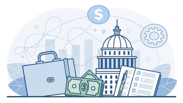 Social security taxes. Business and finance concepts featuring a briefcase, money, documents, and a government building.