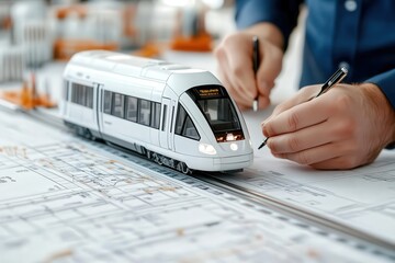 Engineered drafting of light rail transit map render urban development model train office environment close-up view transportation planning