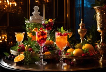 lustrous display colorful cocktail ingredients arrayed elegant glassware perfect sophisticated gatherings celebrations, mixology, garnishing, vibrant