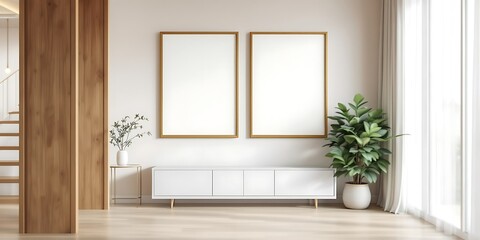Modern apartment interior two blank frames, white cabinet, plant, wooden wall